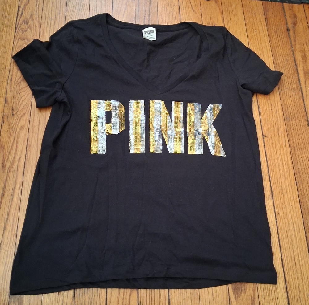 Victoria's Secret PINK Bling Perfect  - Black w/gold silver sequins Large Tshirt